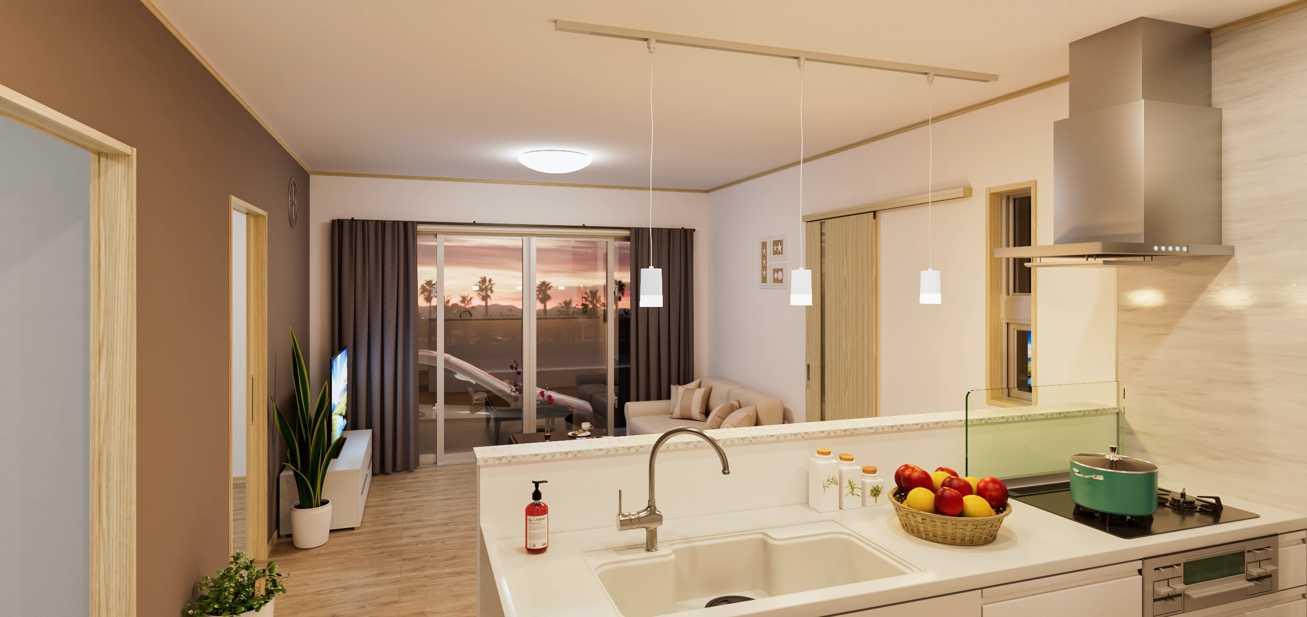 建売住宅内観パース キッチンからリビングを望む