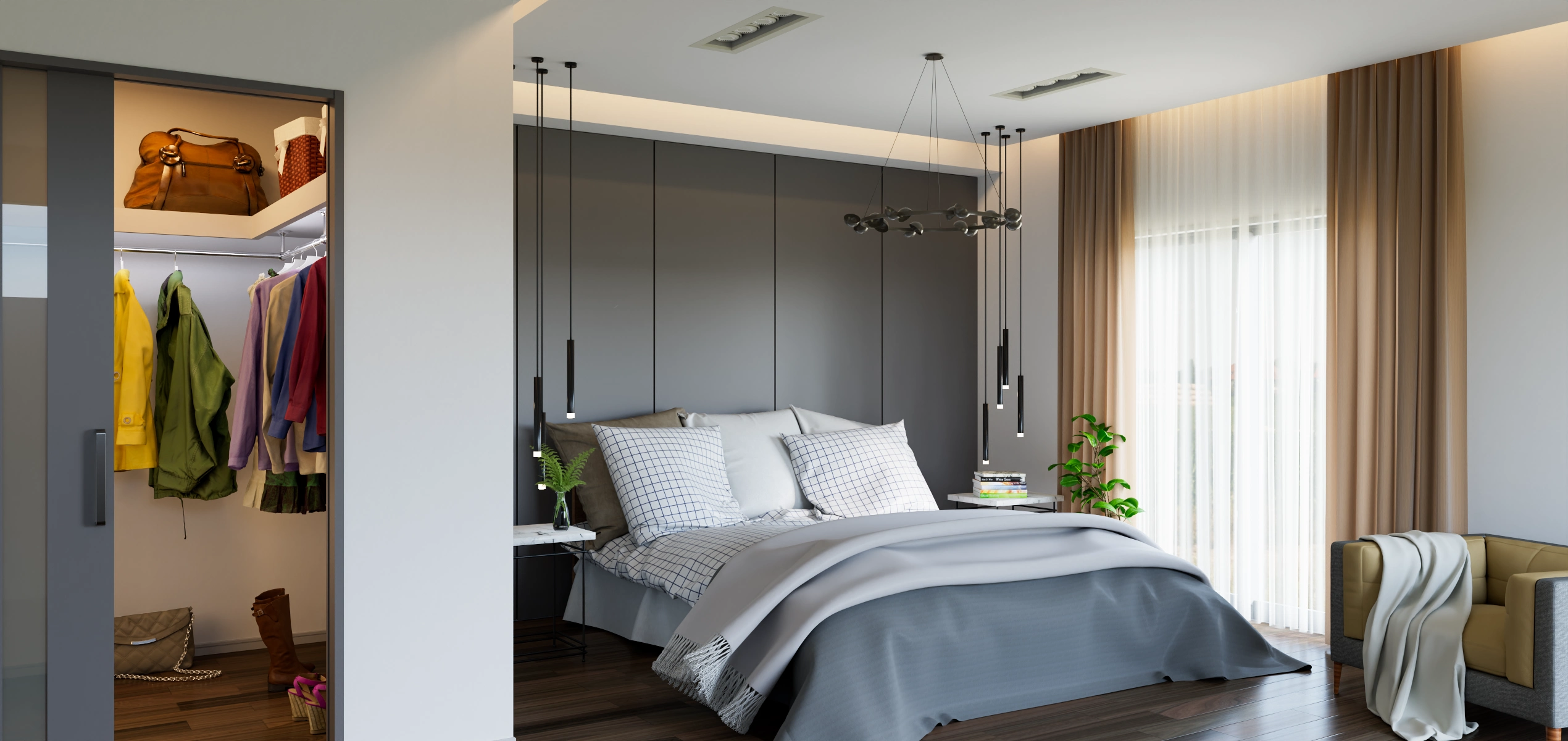 ベッドルームを望む沖縄の住宅の内観パース